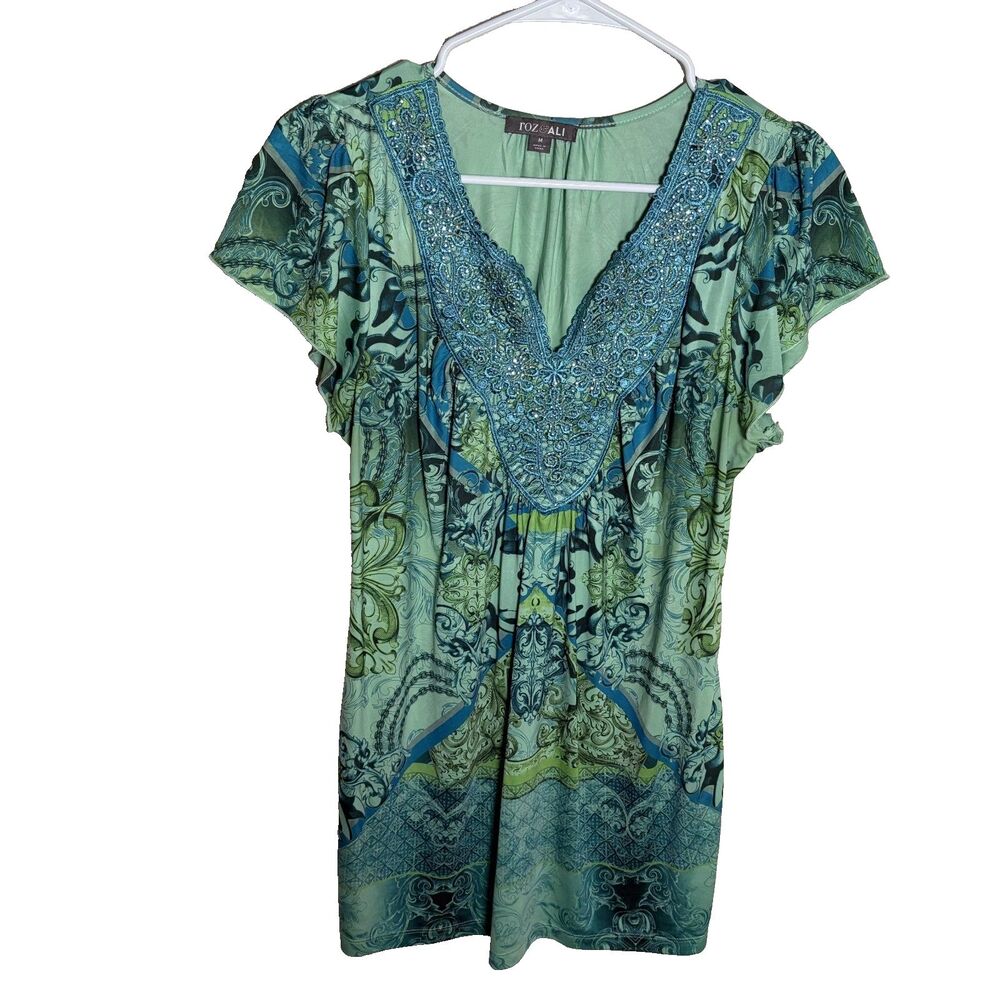 Roz & Ali Blouse Women's Medium V-Neck Lace Rhinestone Short Sleeve Shirt Top